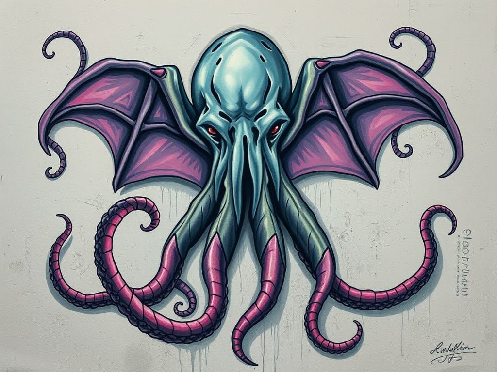 Image of Cthulhu on the wall, simple lines, quick strokes, painted by palms