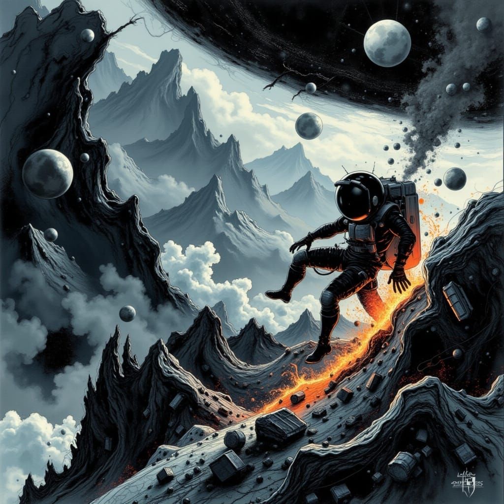 <lora:Noirscape Reverie:1.0> an astronaut during a spacewalk welding on the outside hull of his space ship.