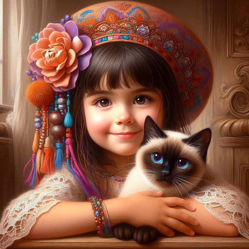 whimsical girl and her cat.