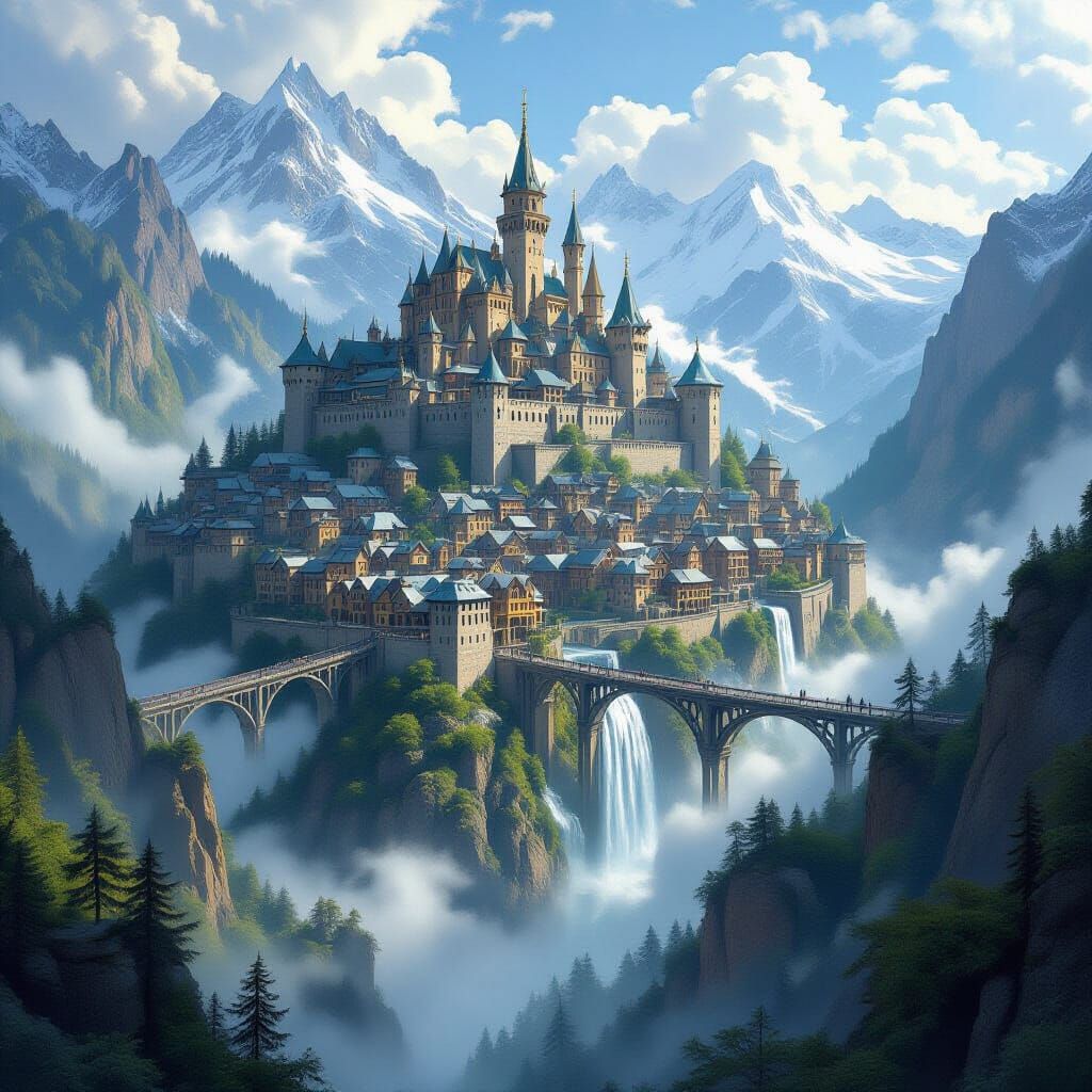 High Altitude Fantasy Village with Mountain Fortress