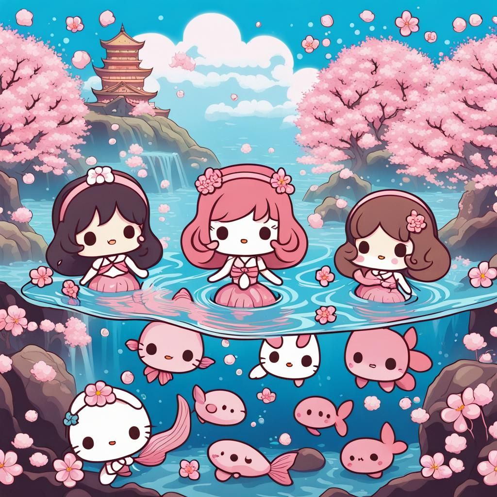 Sanrio Japan characters as mermaids underwater in a cute kaw...
