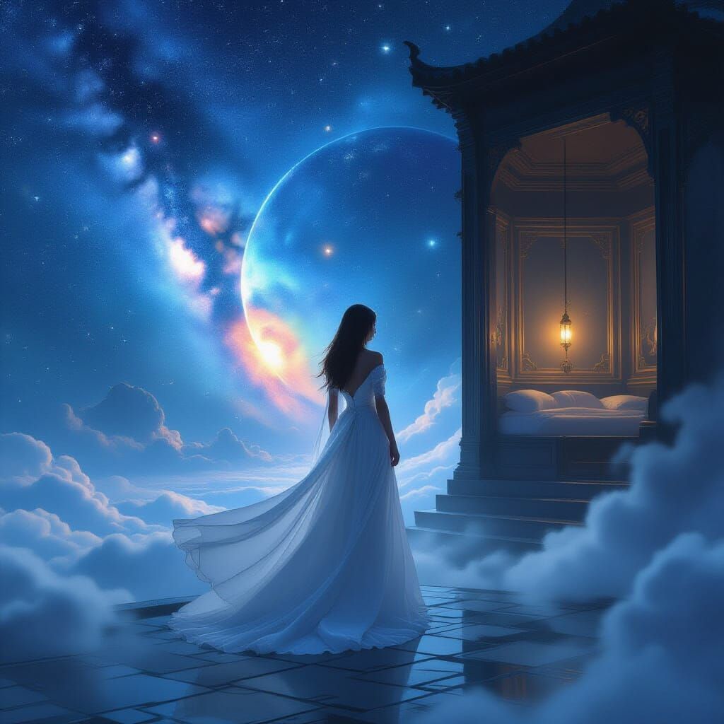 An abstract yin-yang split scene. On the left, a vast starry sky, with glowing nebulae and constellations, symbolizing infinity. On the righ...