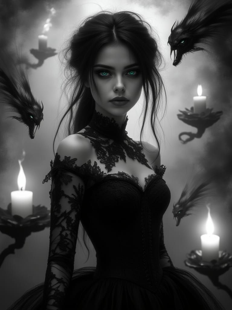 <lora:Double BlackWhite v1:1.0> Arcane witch conjuring demons. She is beautiful and threatening at the same time. Gritty black and white ill...