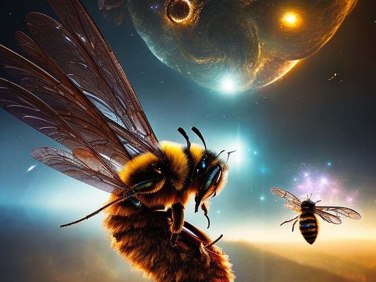 Hyperdeteiled Galaxy Bee sitting on desk Magical, Intricate, Digital ...