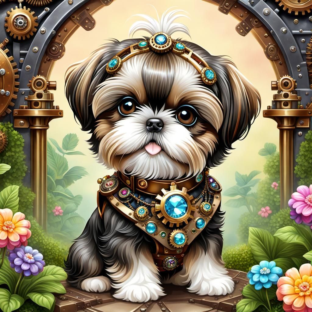 Steampunk Shih Tzu puppy in garden  by @DIGITaiLS66