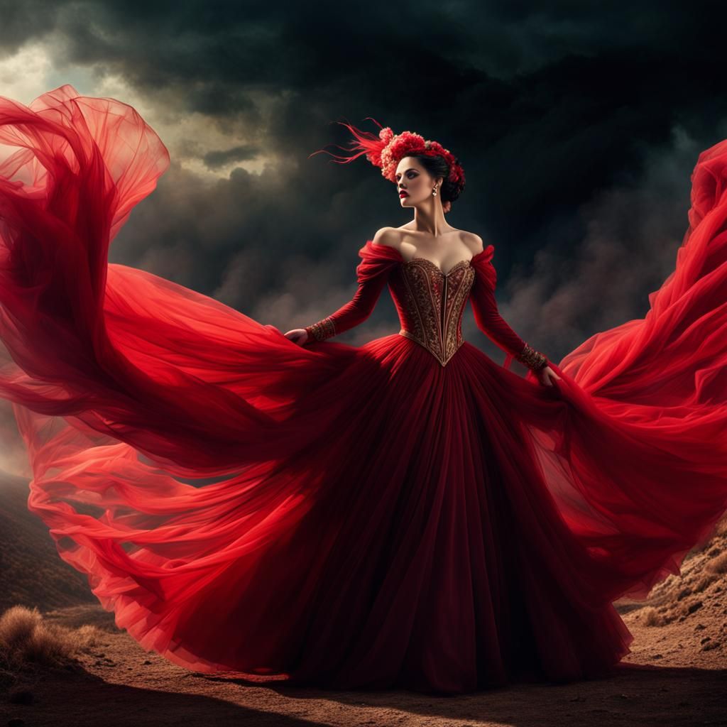 Scarlet Ohara with flowing tulle fluttering in the wind.