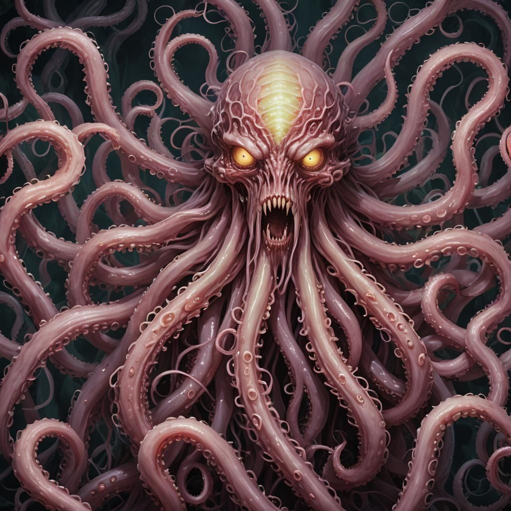 A colossal, writhing mass of tentacles and eyes, emitting an...