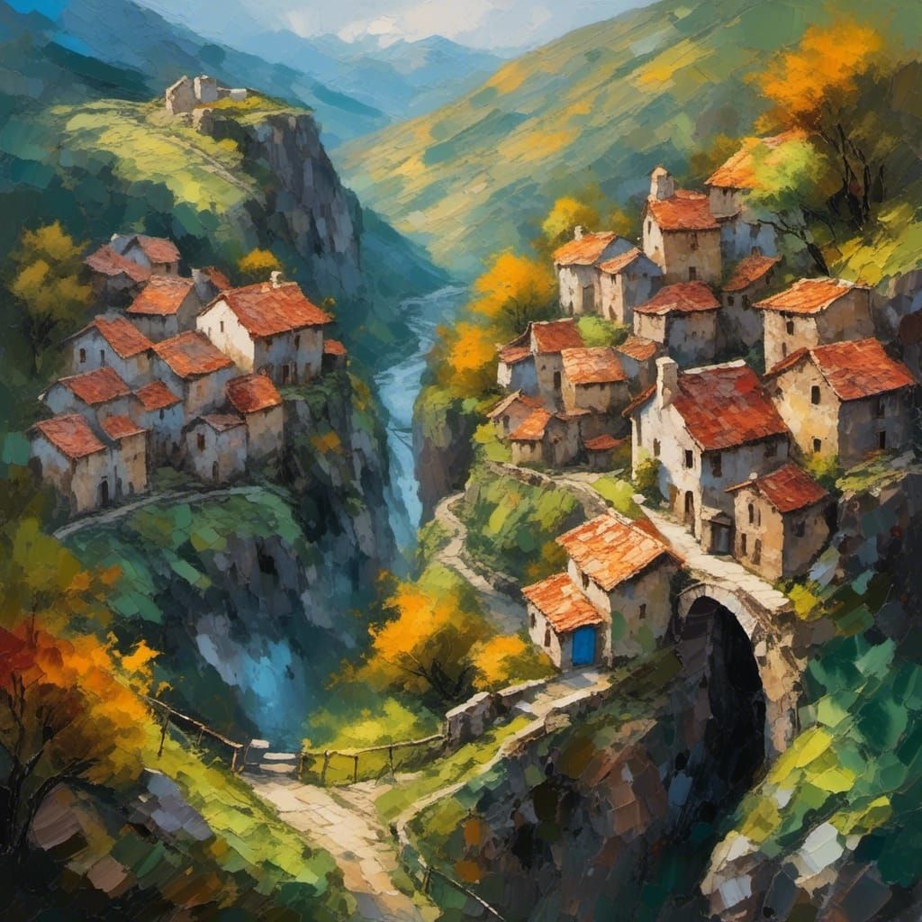 Medieval village high up in the mountains, stoney paths