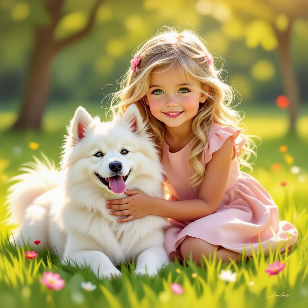 Mischievous Blonde Girl Plays with Samoyed in Sun-Drenched P...
