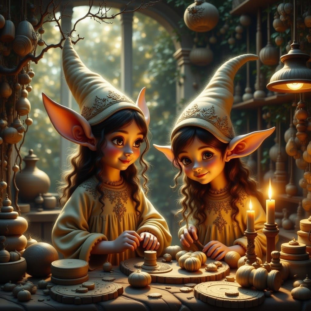 <lora:GazOilpaint:1.0> Elves making toys in a workshop