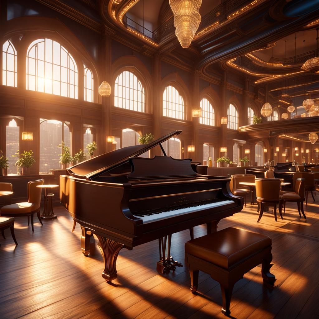 Beautiful brown café with a blues pianist 8k resolution, con...