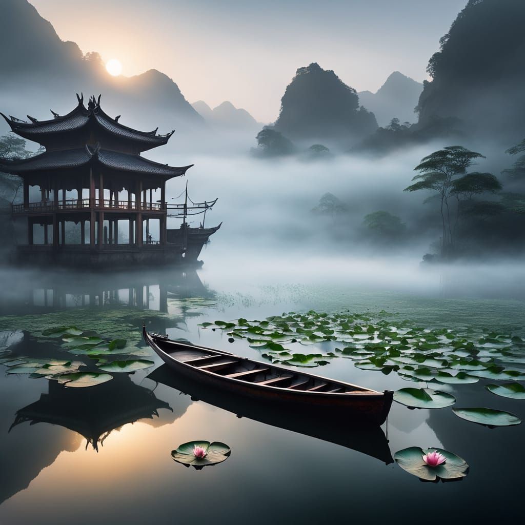 A graceful enchanted gilded boat, one of from a noble house  as the boat drifts on the silent waters ...  by @Sumikokeel