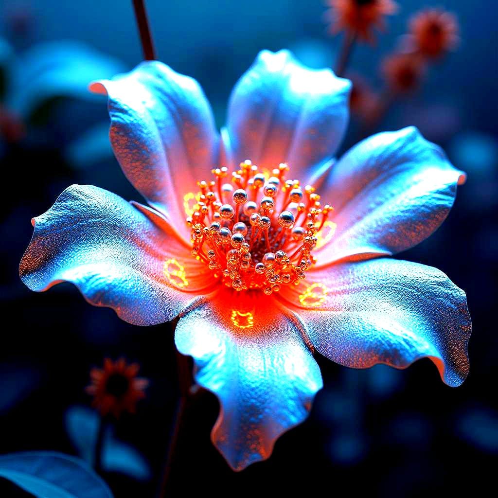 A silver flower with small iron pollen pellets on the inside