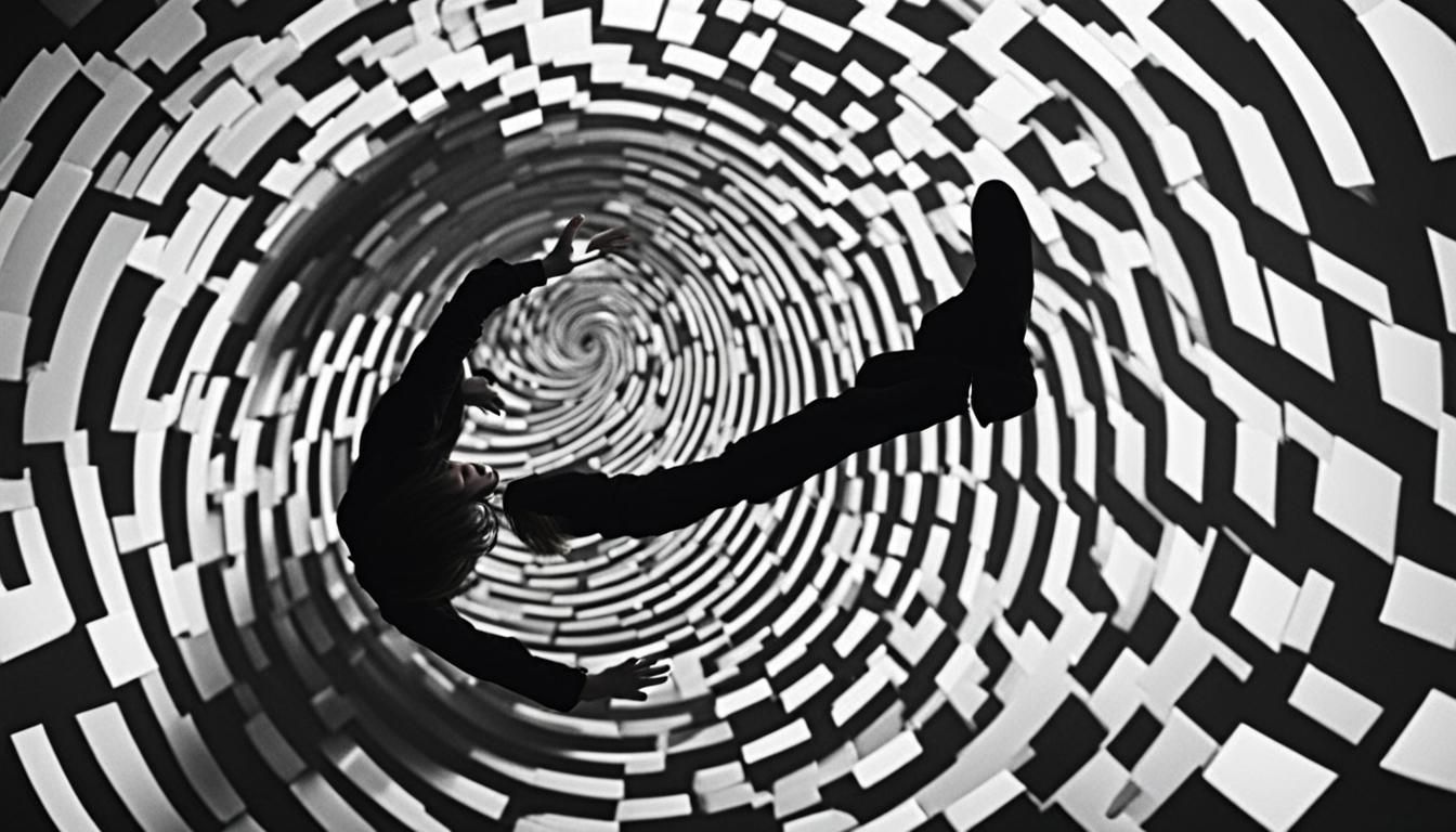 Silhouette of woman falling down Black and white spiral opti...