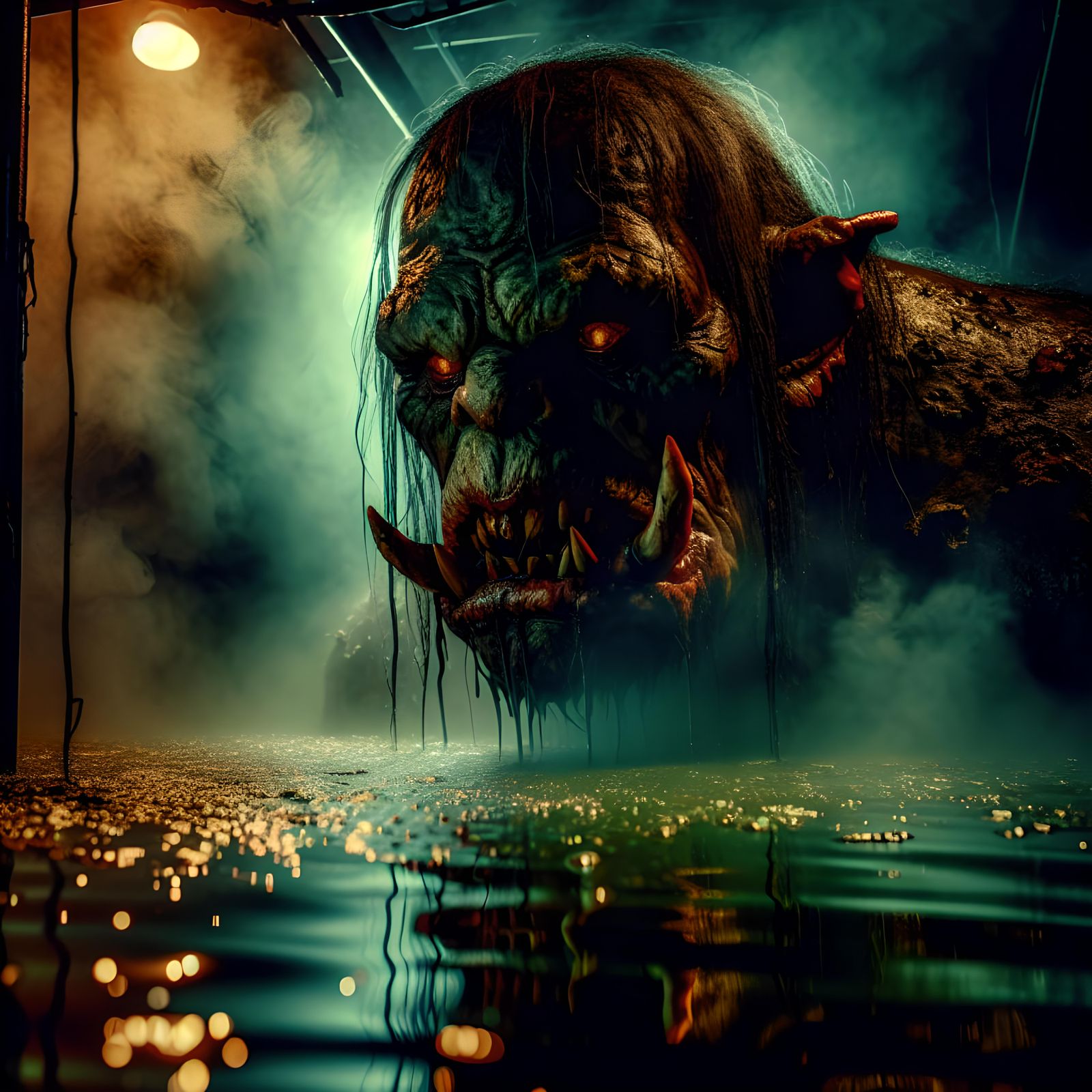 A dark, terrifying image of an ogre emerging from the swamp....