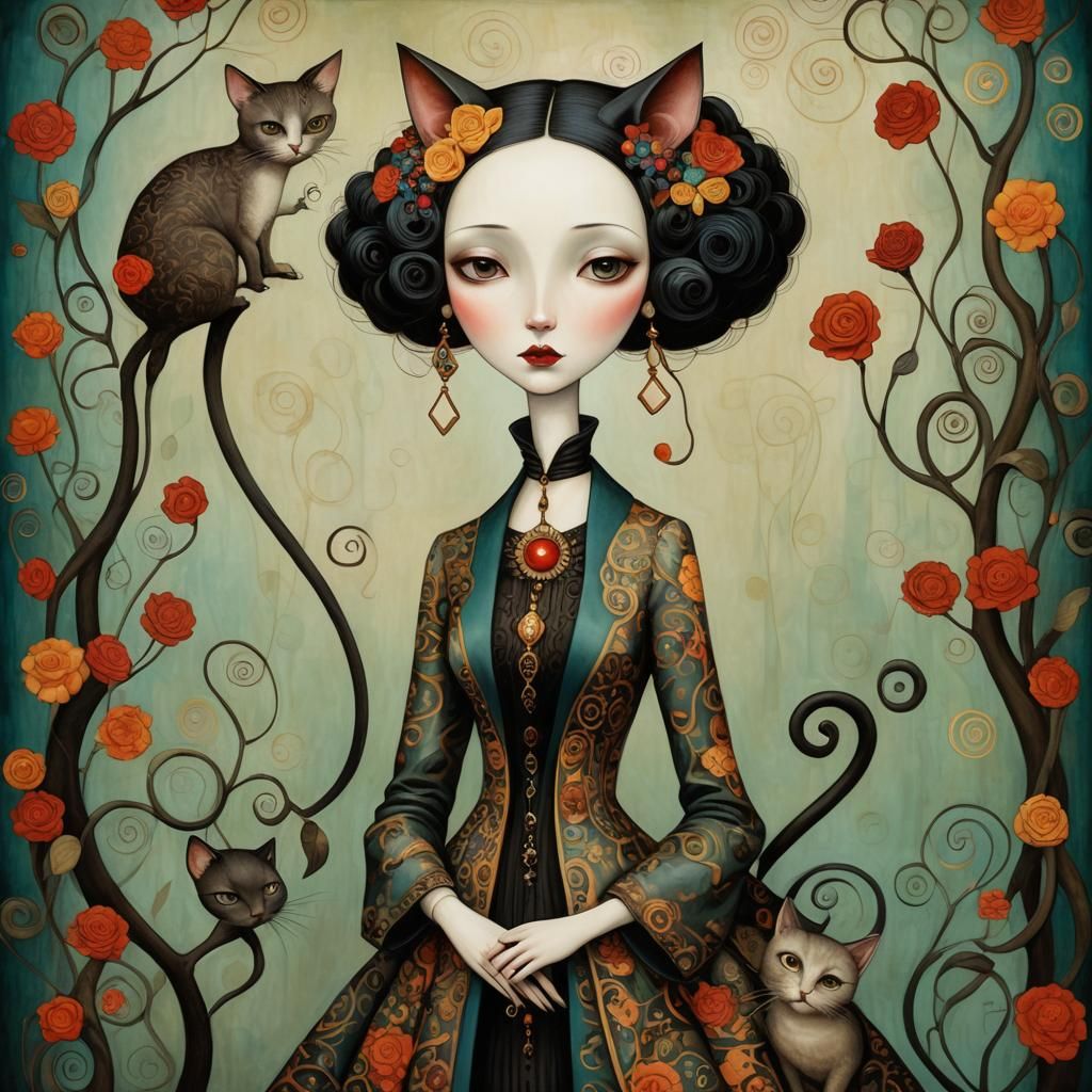 Cat Woman, inspired by Benjamin Lacombe and Klimt - AI Generated ...