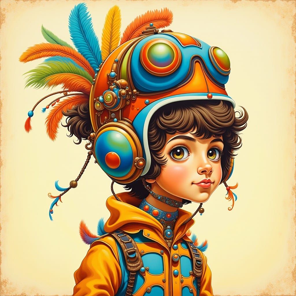 "Curious Boy wearing a funky awesome epic helmet Portrait in Style of Oliver Jeffers" <lora:Funky Seventies:1.0> 