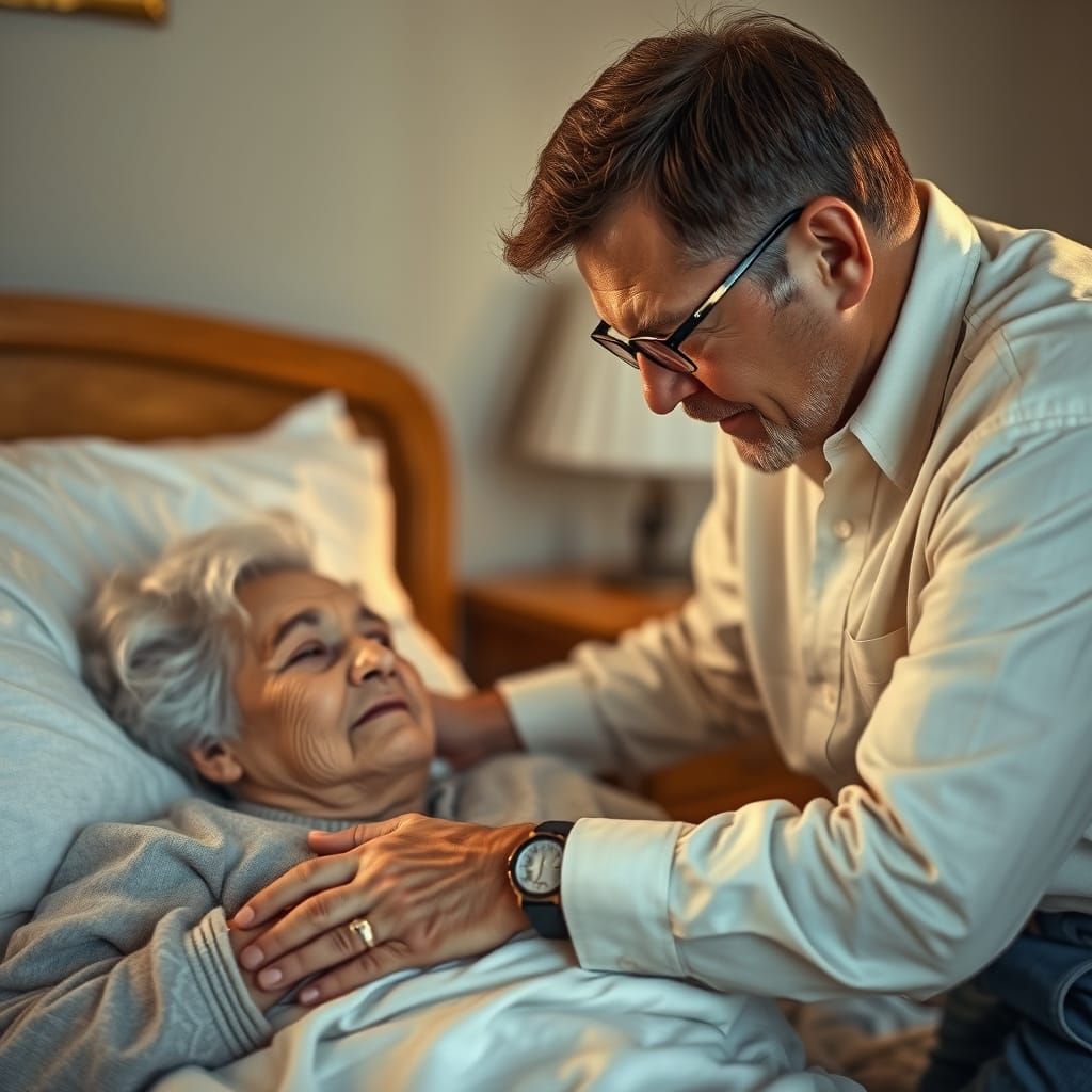 Brown haired man with glasses caring for his elderly bed bound Mom   by @Christian Hinrichsen