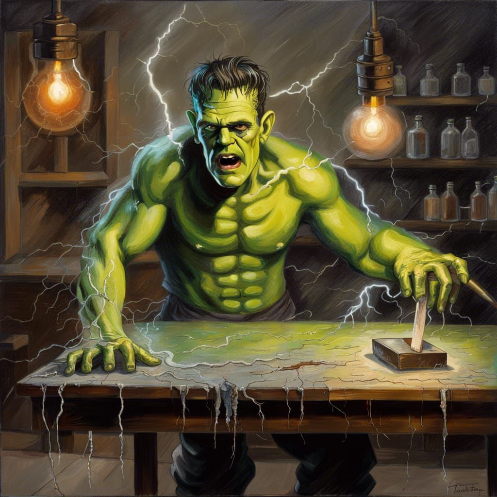 FRANKENSTEIN BEING BROUGHT TO LIFE WITH A LIGHTNING BOLT , F...