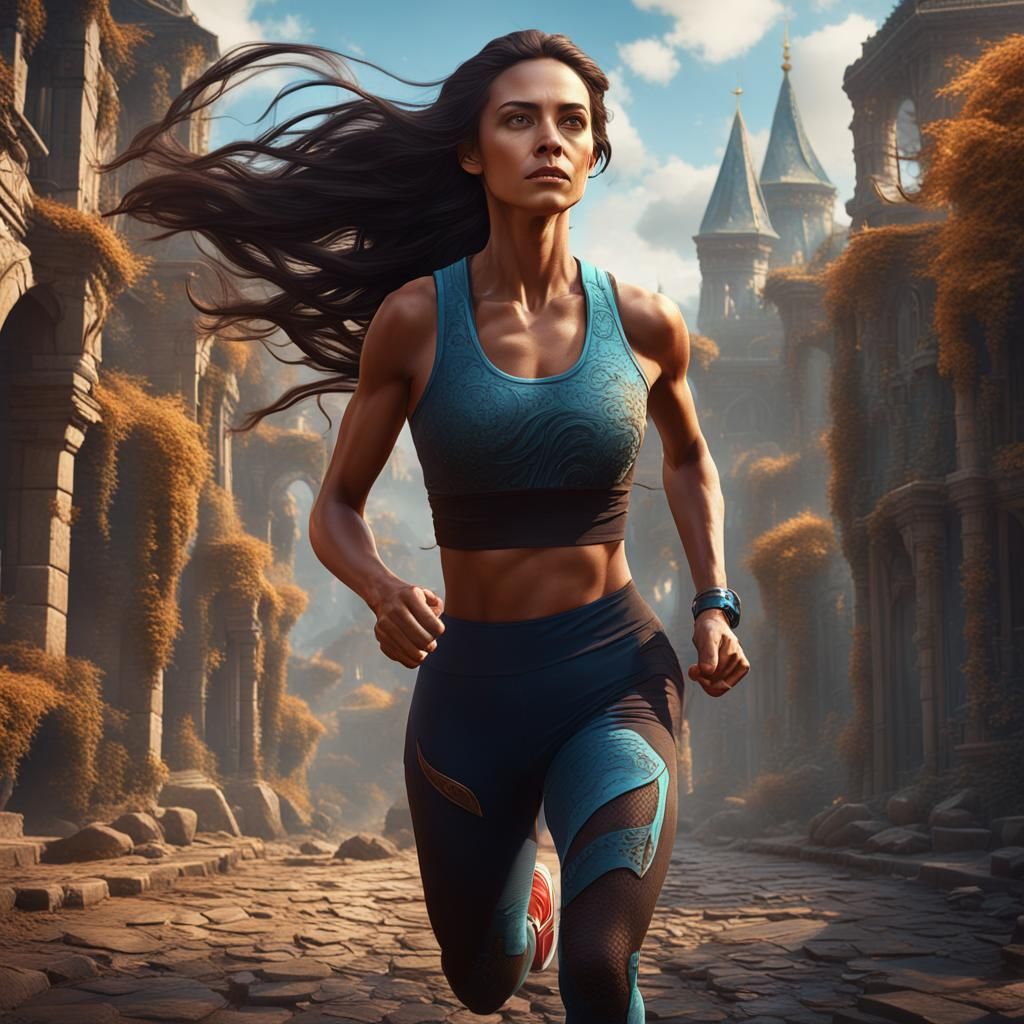 A lady with long dark brown hair going for a run