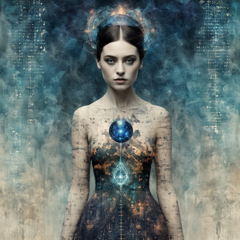 Portrait sorceress, Full-Body Height, Azurite, binary code, Kabbalah, Glitchcore, Word Art, Burned Film ...  by @Papy Ion