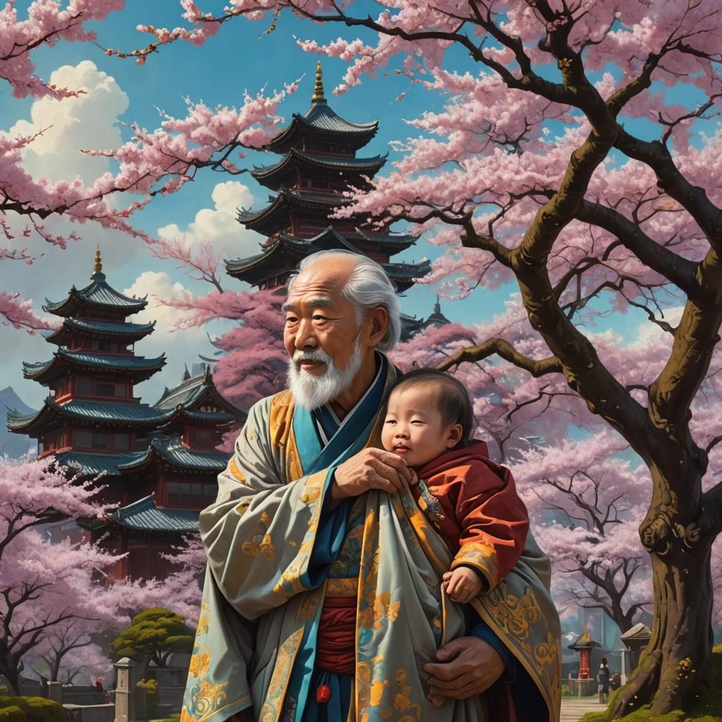 An Asian grandfather carrying a toddler granddaughter