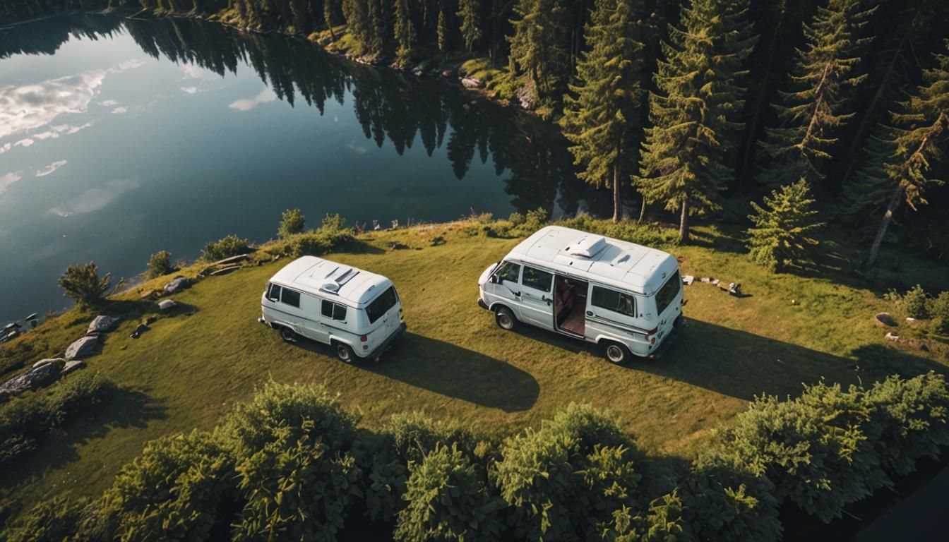 camper van parked beside a serene lake.
