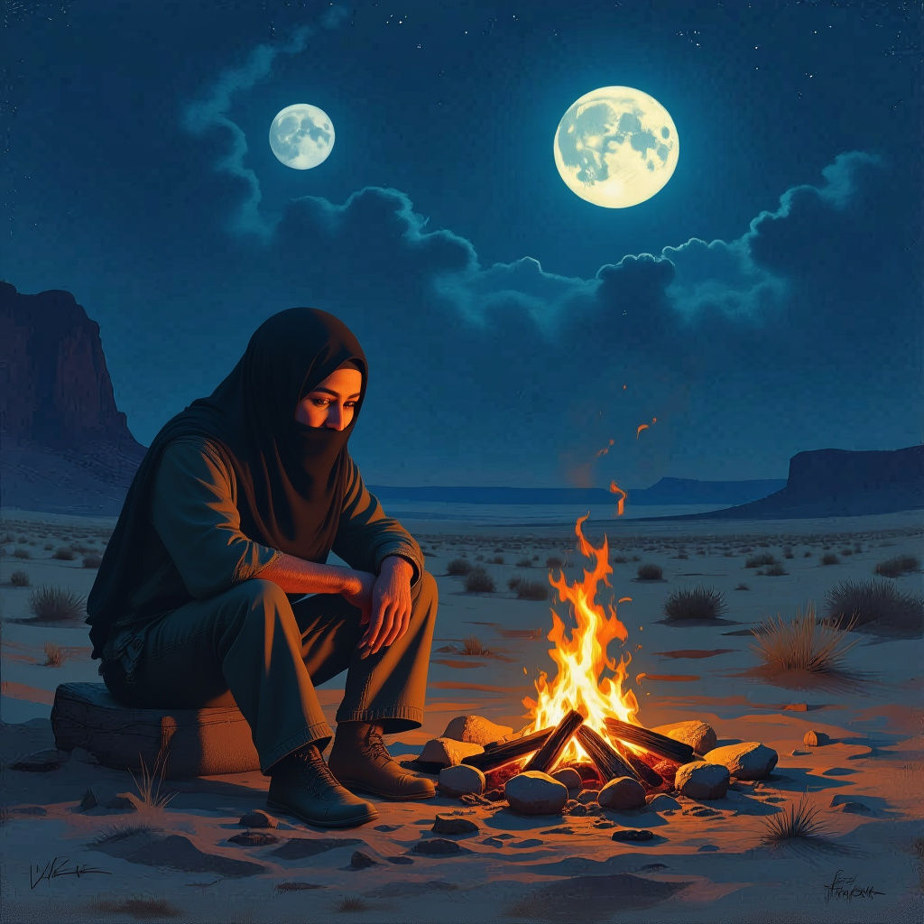 A lone,sad woman sits by a crackling campfire in a desolate, windswept desert under a sky filled with twin moons. Her face is etched with sadness as she remembers the war that just happened 