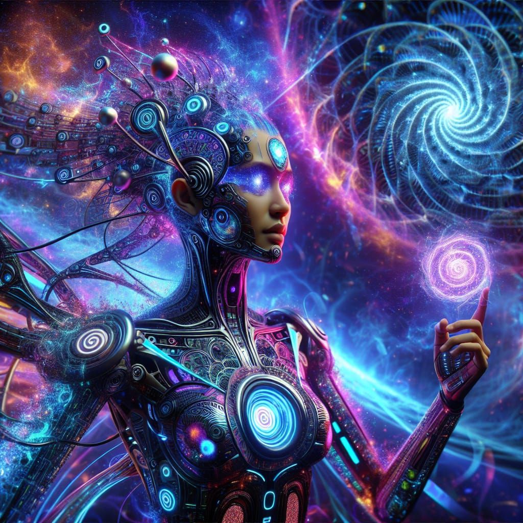 Create an image of a futuristic character embodying chaos theory, blending human and machine elements.