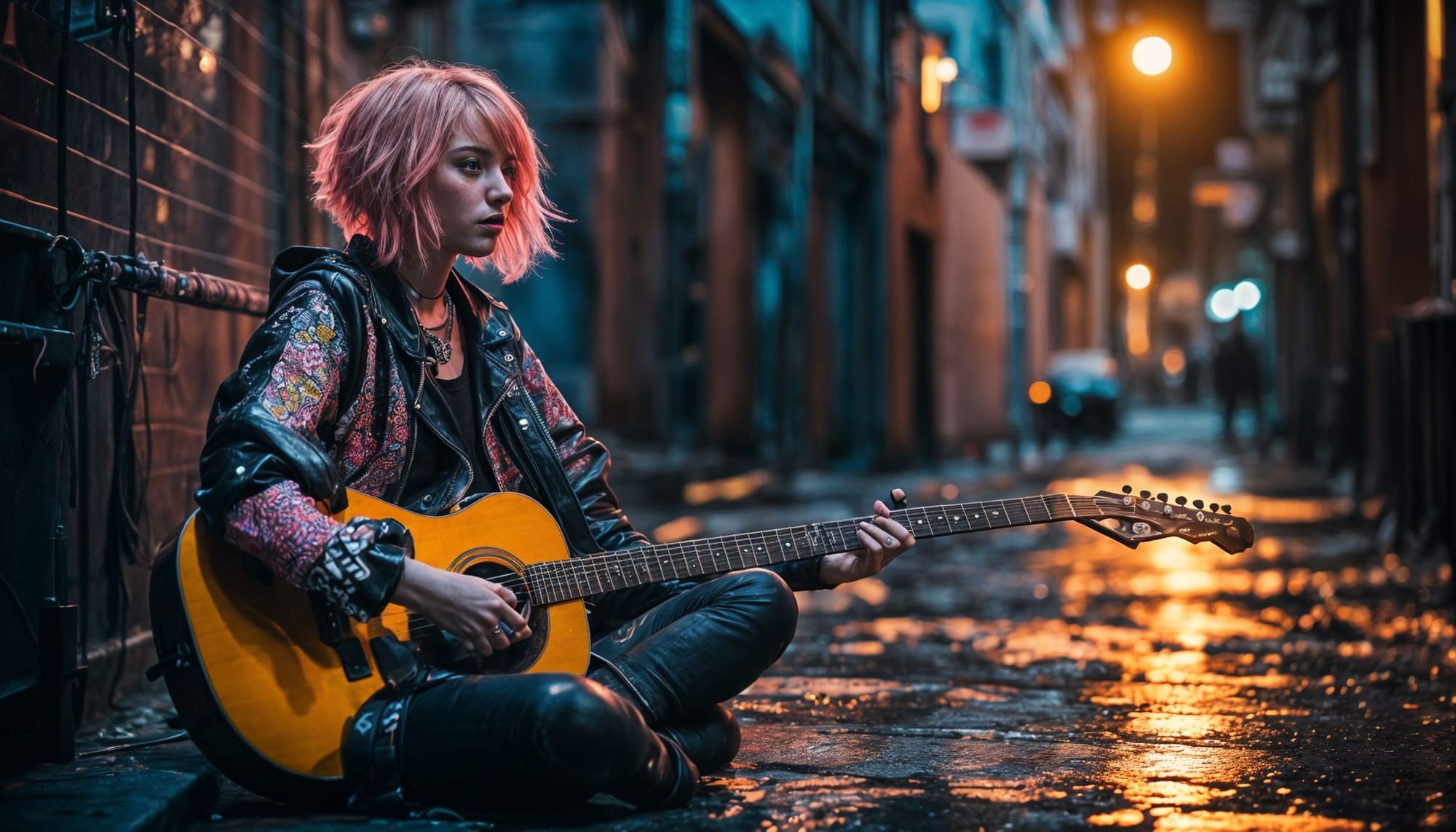 a sweet pretty punk rock young woman playing guitar in a cyberpunk setting, photorealistic, realistic.