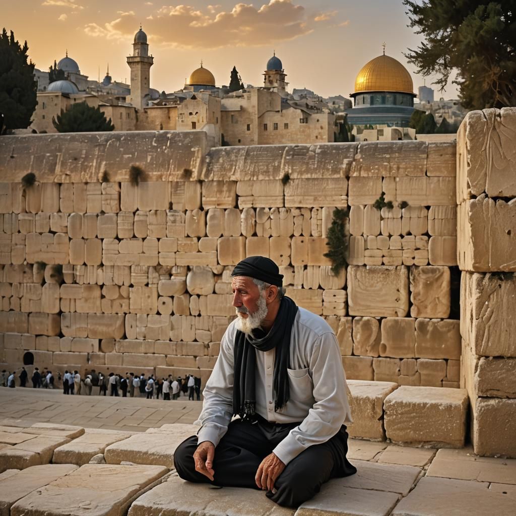 Man Cries at Western Wall with Temple Mount