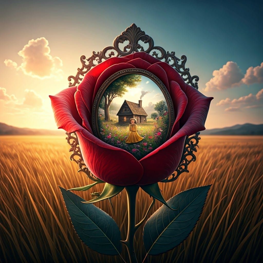 Whimsical Floral Scene with Curious Girl and Rustic House