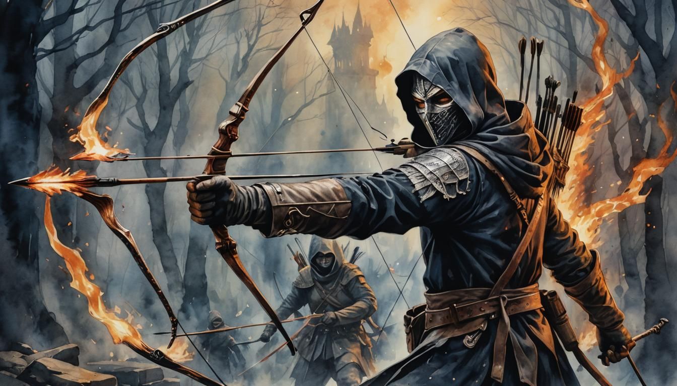 Ultra detailed, dark watercolour artwork of a masked thief a...