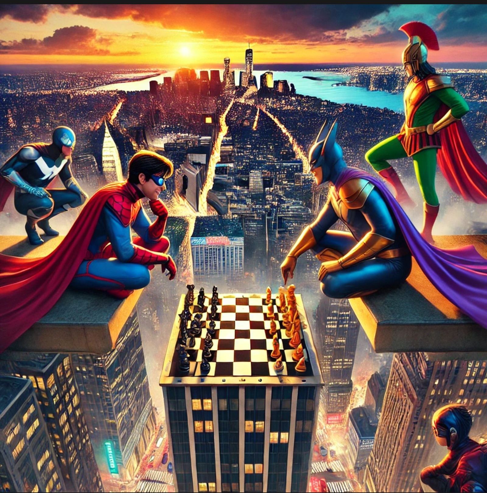 Superheroes playing chess