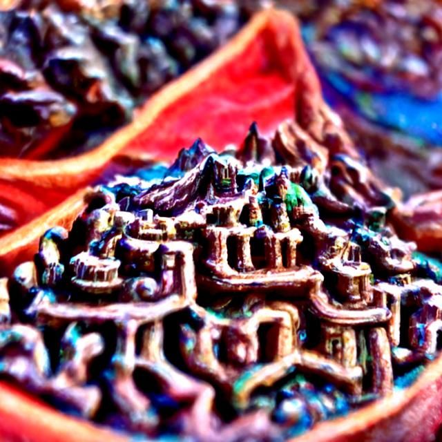 Ancient dwarven city in the crest of a mountain made of bron...