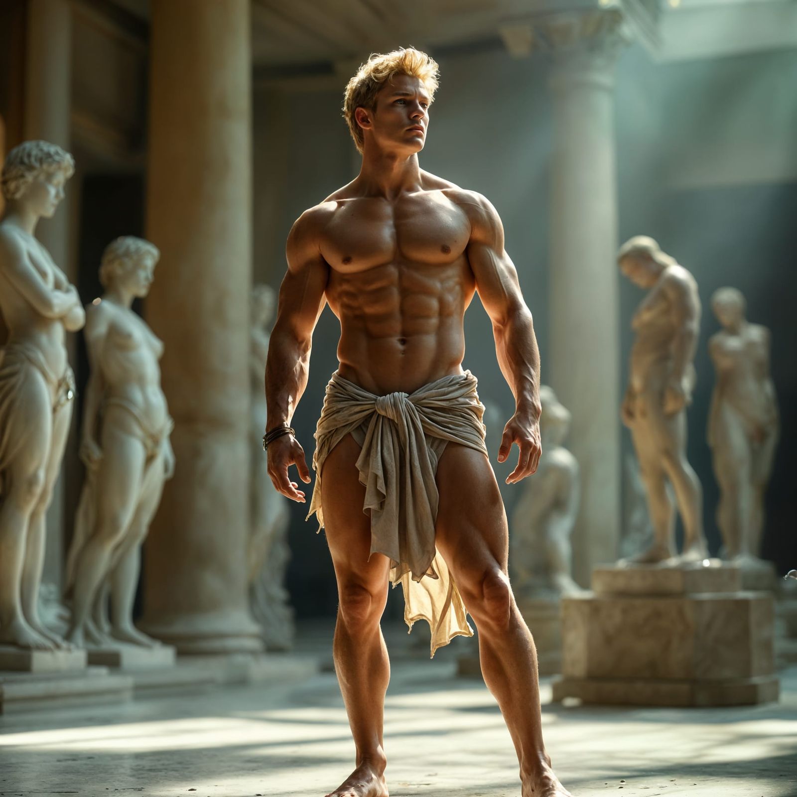 in a Greek art Museum, a blonde muscular man in his late 20s, standing in a statue pose full body shot,mimicking ...  by @Dick Fu
