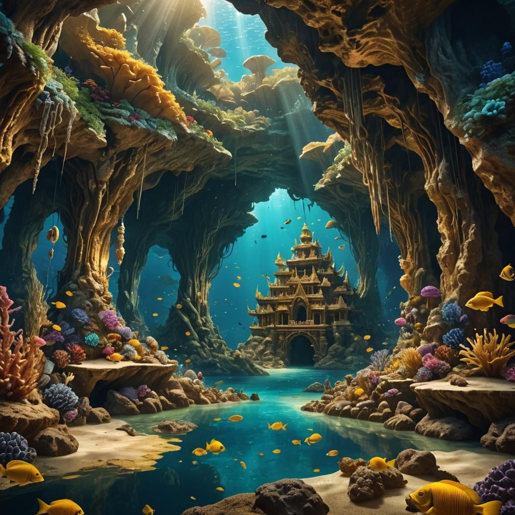 Underwater entrance to a golden cave teaming with tropical f...