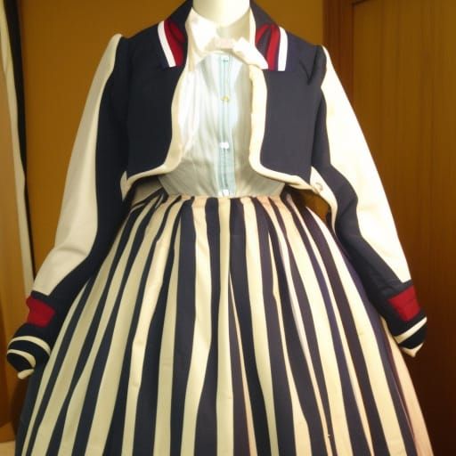varsity jacket and striped skirt in the shape of 1860s crino...