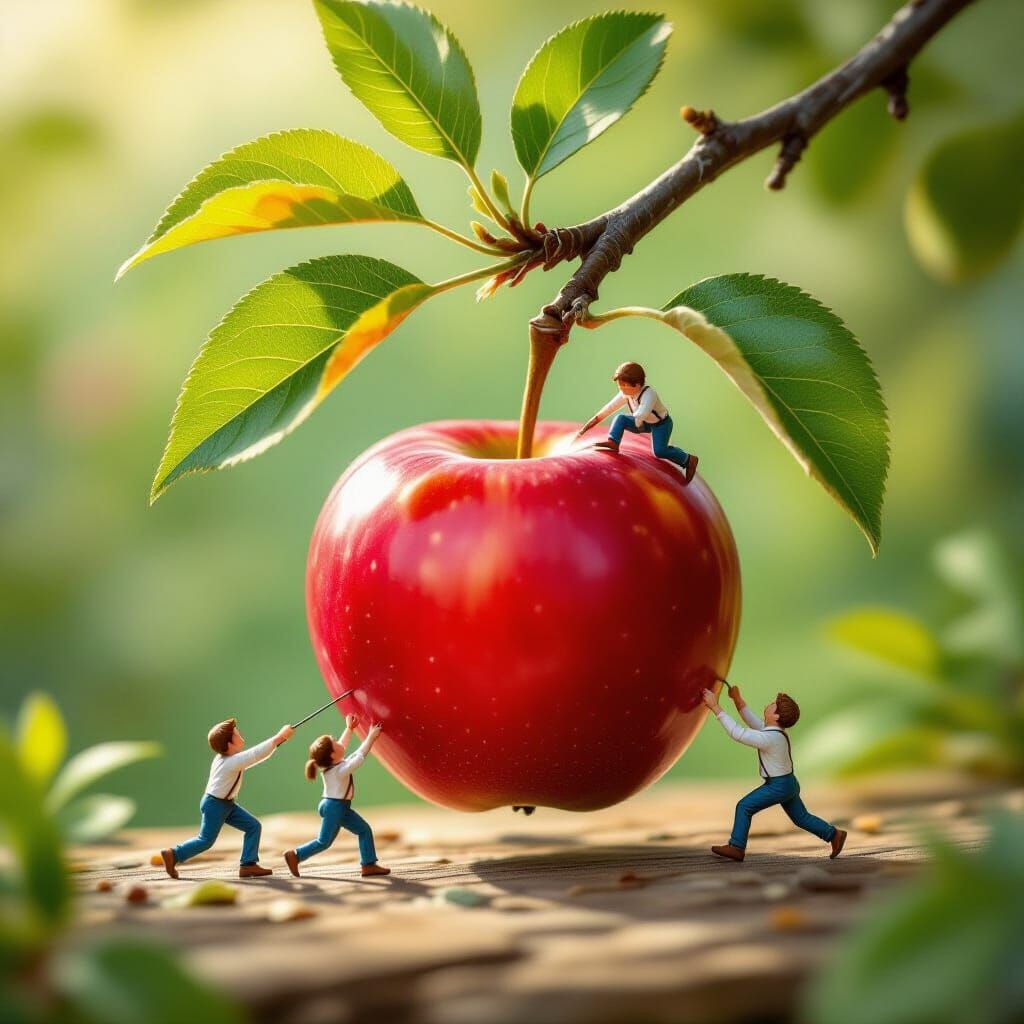 Tiny Figures Struggle to Pull Apple Leaf in Storybook Style