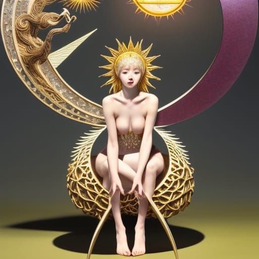 woman in Surreal artisanal chair made entirely of Sun and Mo...