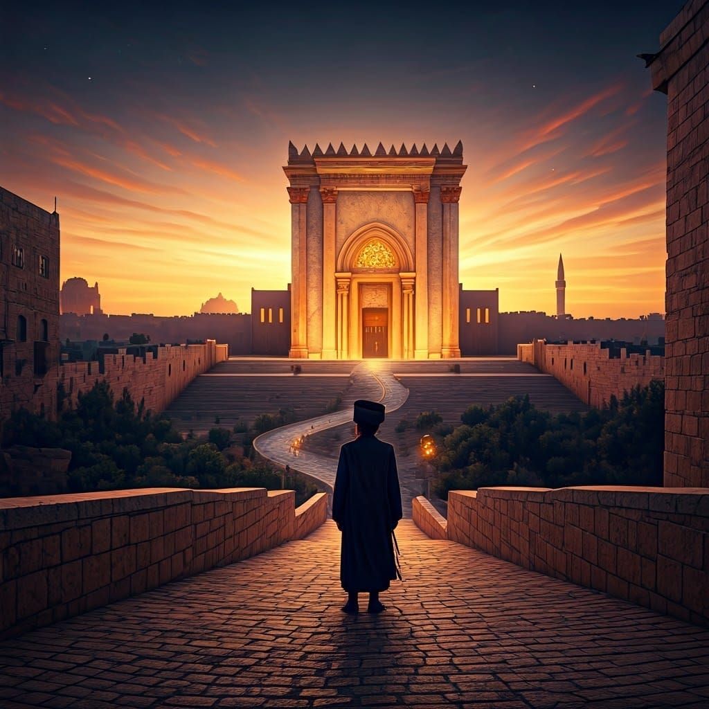 Jewish Man in Traditional Attire Admires Majestic Temple in....