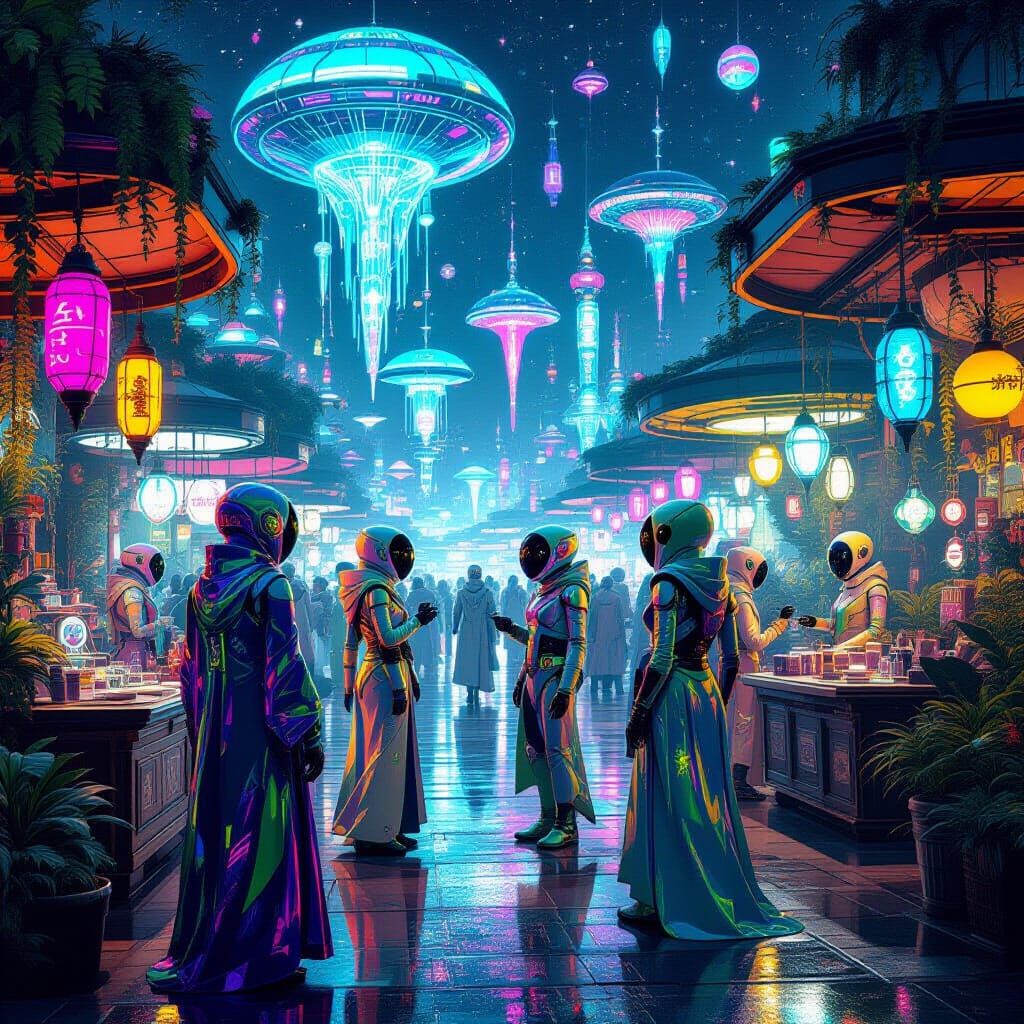 busy extraterrestrial marketplace, bizarre alien creatures trading glowing artifacts, floating stalls, ...  by @SEA1337