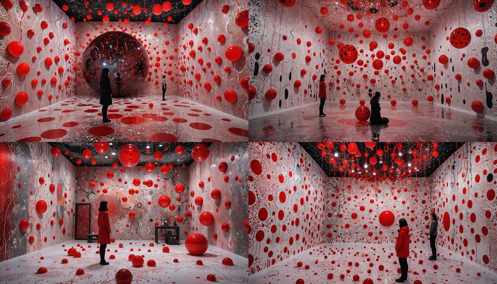 In a redlit room, a person contemplates amidst art by Yayoi Kusama, Li