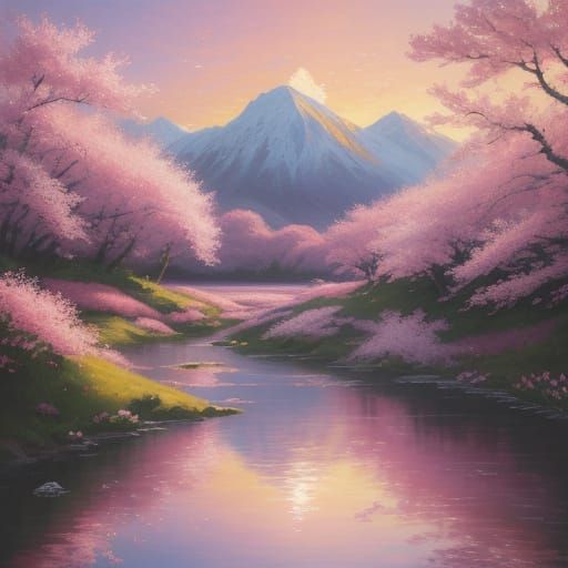 Lyrical Landscape of Cherry Blossoms by a Lake at Sunrise