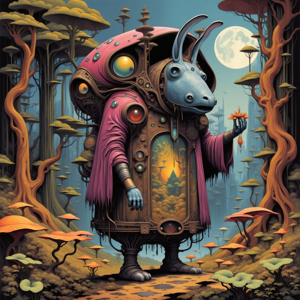 <lora:MY QUIRKY SCIENCE:1.0>
AN OVERSIZED-CARTONISH-PURPLERUBYRED-HUES-ALIEN-WITH-LONG BLUE-HUES-BUNNY-EARS, WEARING AN ODD-PATCHWORK-SEWD-C...