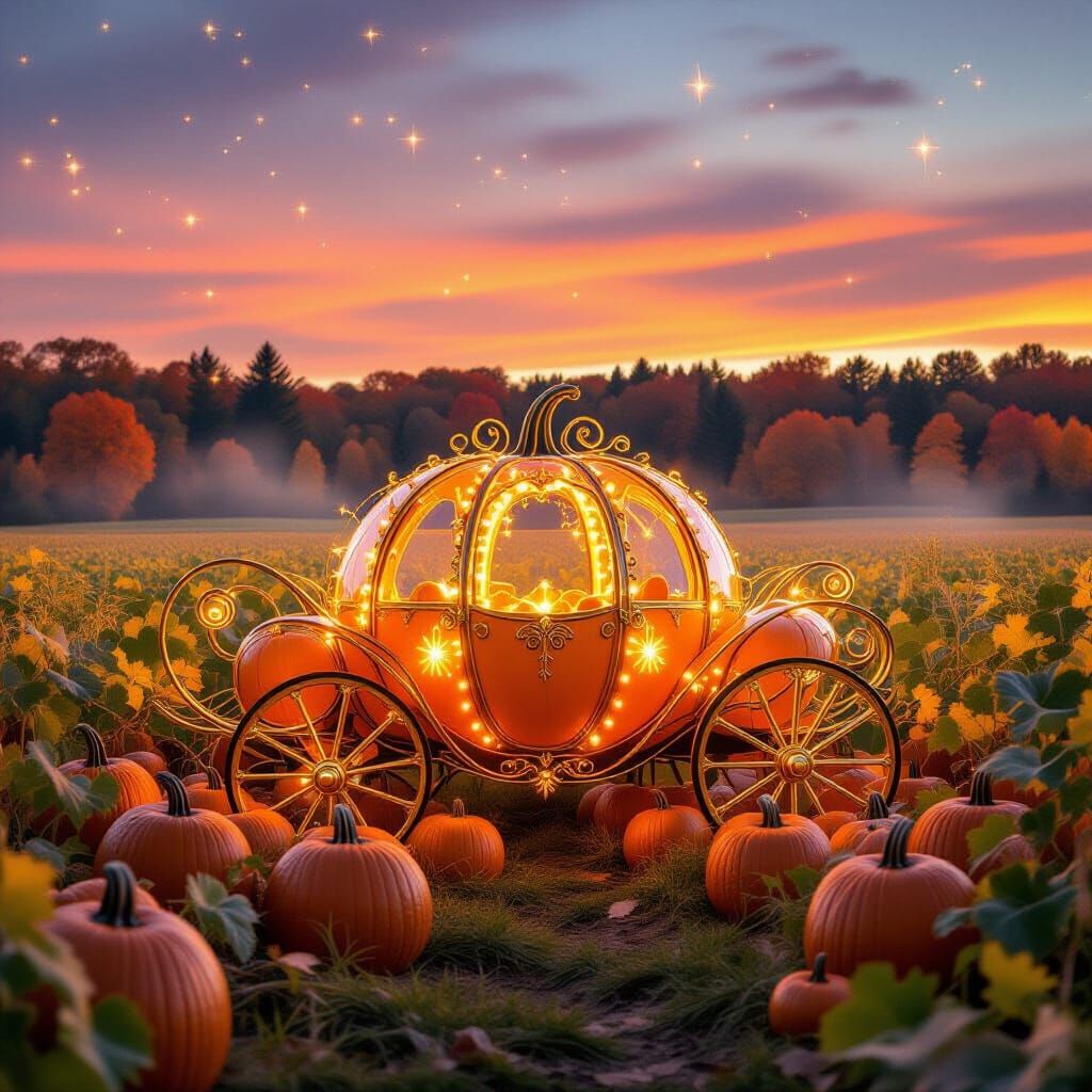 A magical autumn harvest scene featuring Cinderella's pumpkin carriage, intricately crafted from a glowing ...  by @JJackyR