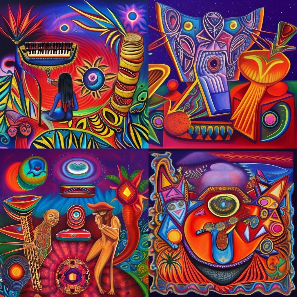 Album cover with kalimba and congas surrounded by mystical creatures in ...