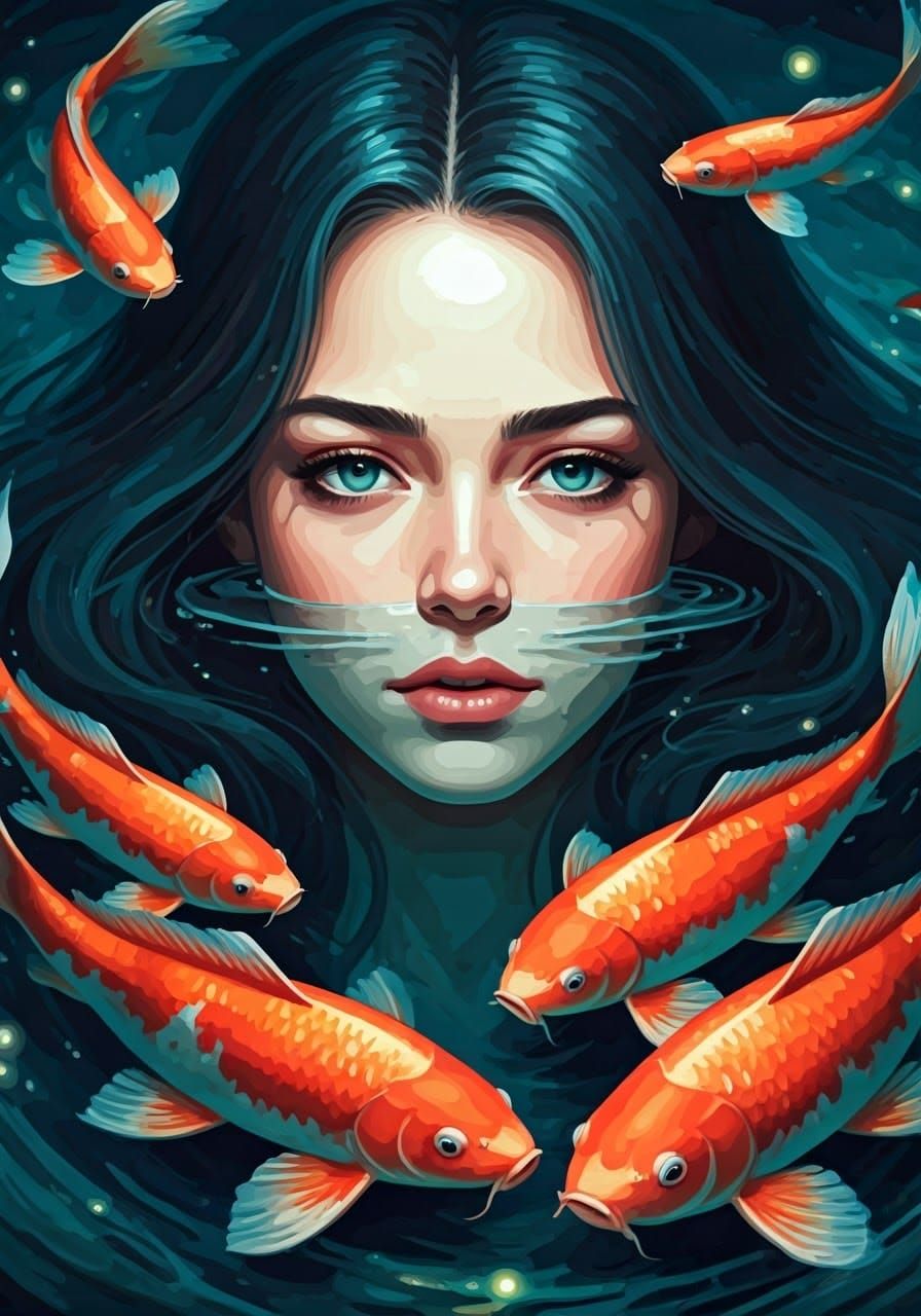 Woman Surrounded by Koi Fish in Gouache Style