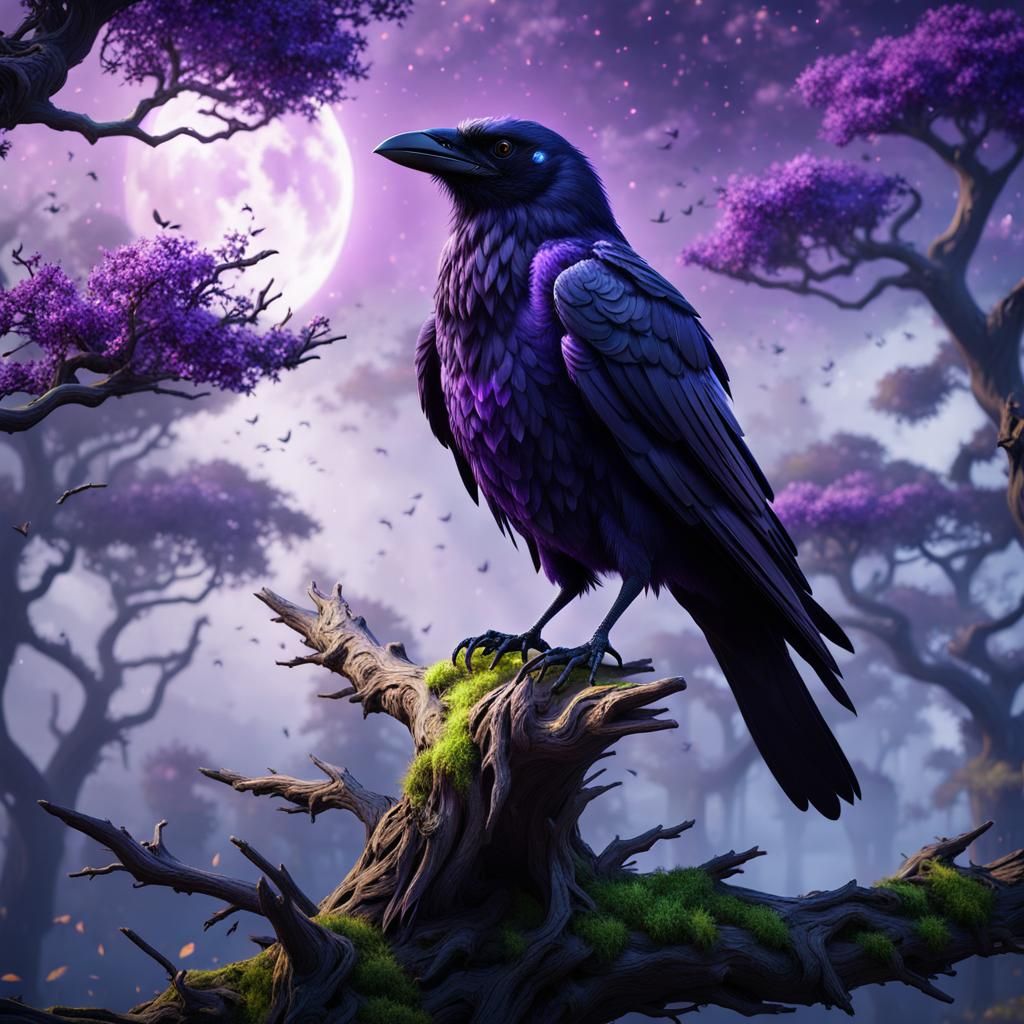 view of a crow on top of a tree, epic fantasy style, purple ...