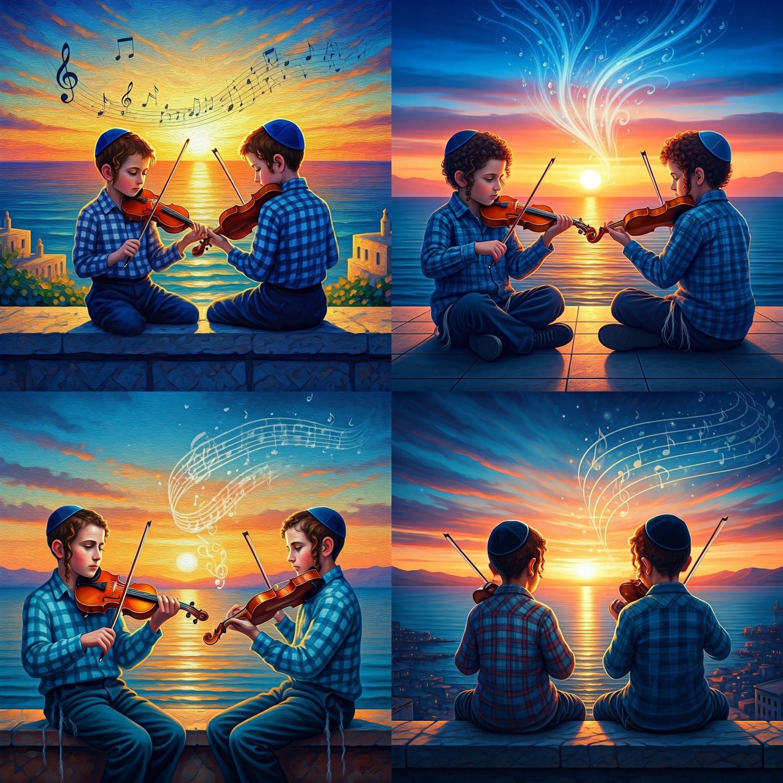 Jewish Children Play Violins at Sunset, Oil Painting